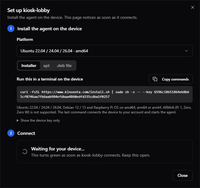 The Set up step of Add device, with the install commands