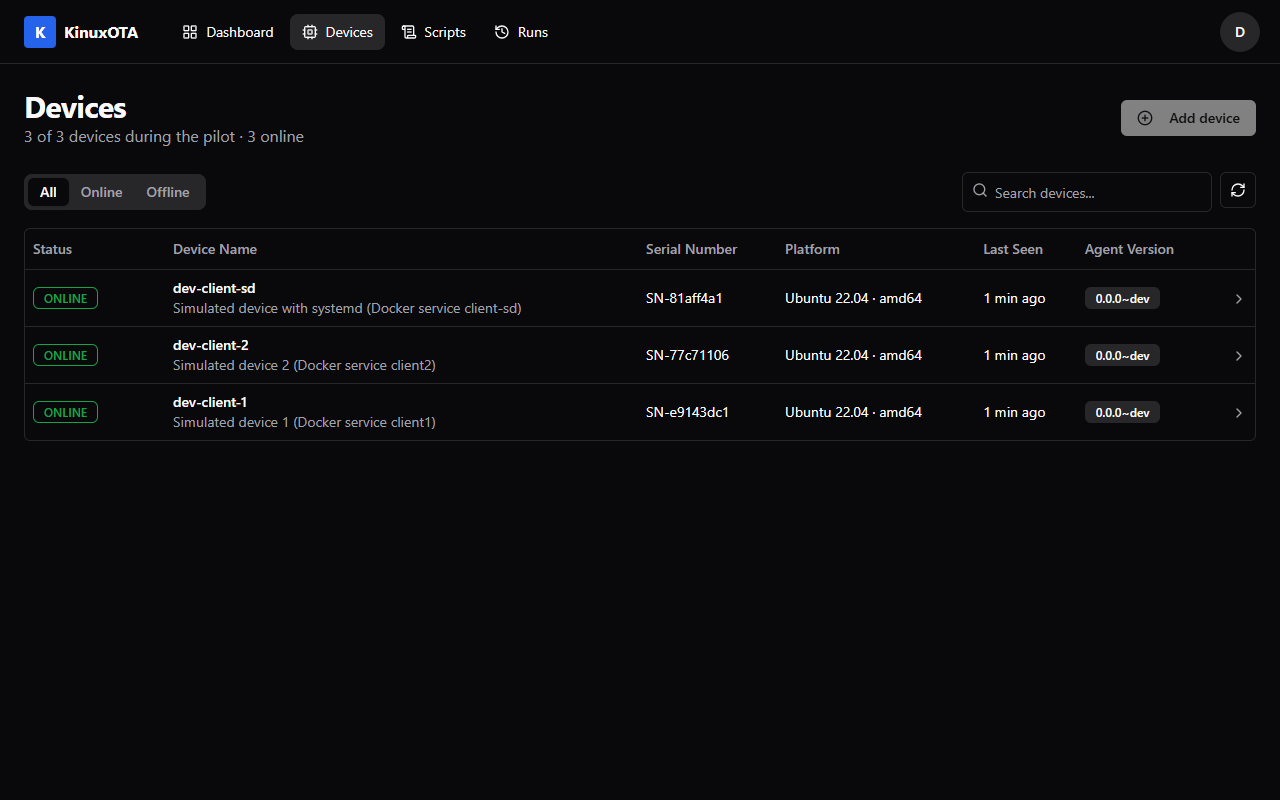 The device list with three online devices
